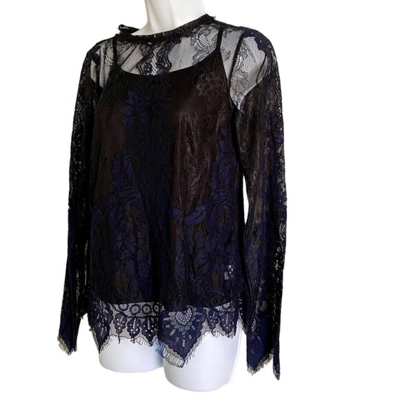 Adiva Blue Lace High Neck Long Sleeve Top with Built in Cami Womens Medium NEW - Picture 3 of 10